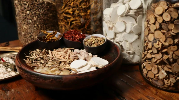 Bowls of dried herbal medicine ingredients