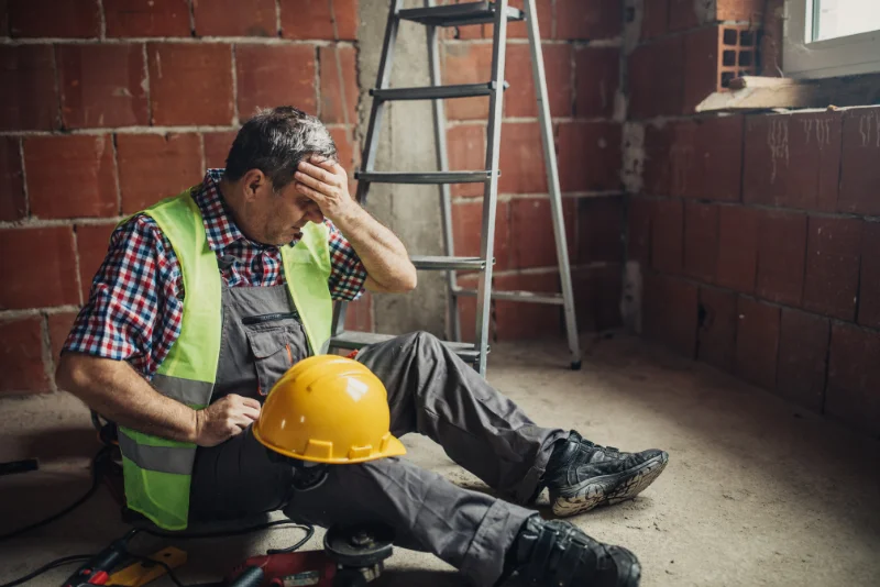 Construction worker holding his head after a workplace injury